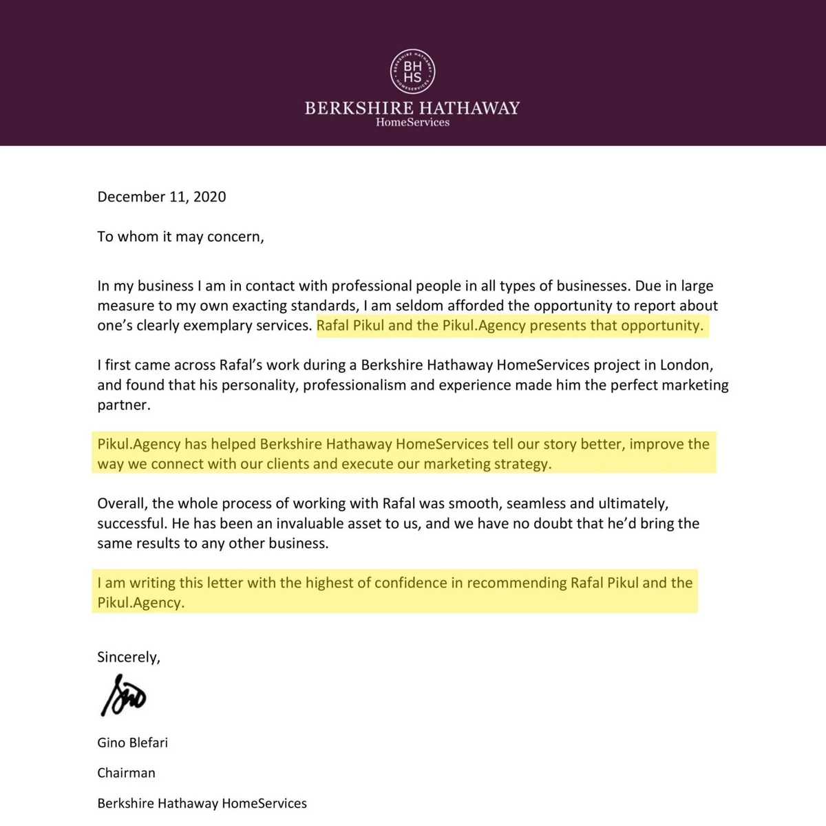 Letter of recommendation from Gino Blefari, Chairman of Berkshire Hathaway HomeServices, dated 11 December 2020, with key lines highlighted